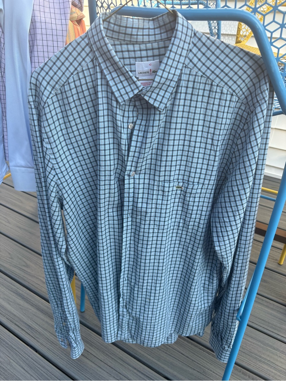Lacoste Men's Light Blue and Navy Plaid Long-Sleeve Dress Shirt